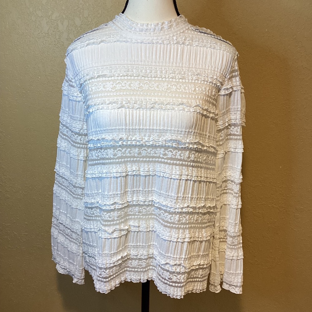 Lace TiMo Long Sleeve off-white Lace Top, Size Large, High Neck, Zip‎ up back